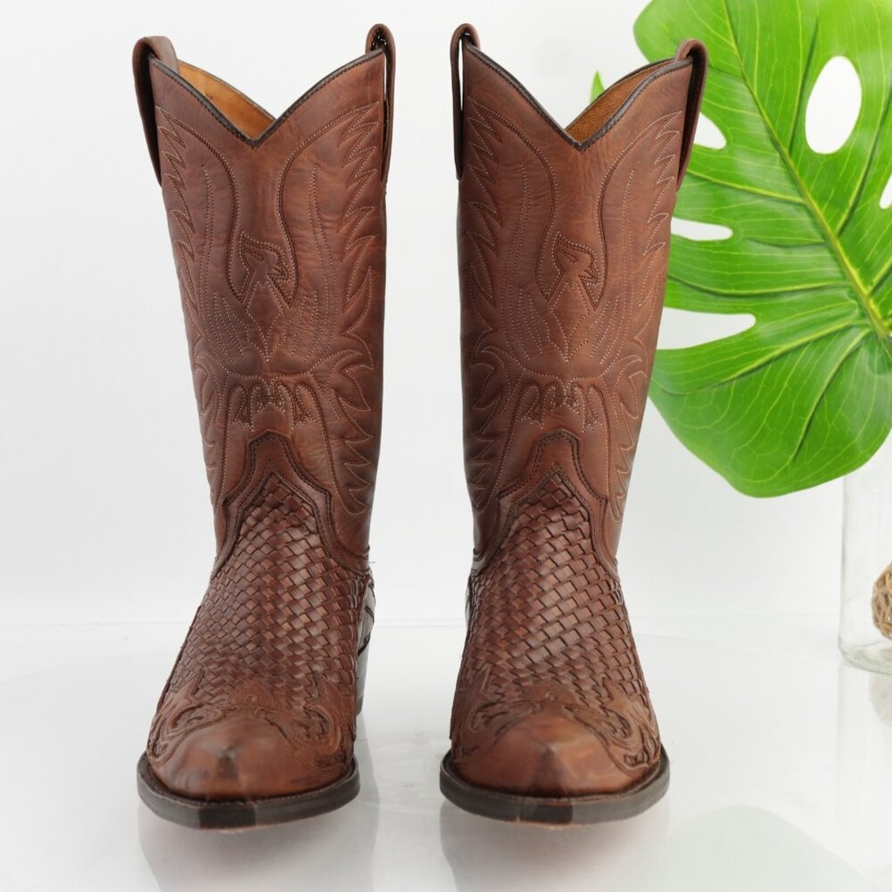 Sendra Mens Cowboy Boots Size 7 Brown Leather Embroidered Woven Snip Toe Western - Picture 2 of 16